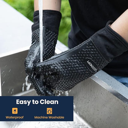 GEEKHOM BBQ Gloves Heat Resistant, 13.7 Inch Long Waterproof Silicone Oven Mitts for Grilling and Smoker, Non-Slip 5 Finger Kitchen Hot Mitts for Baking, Cooking & Cast Iron, Black