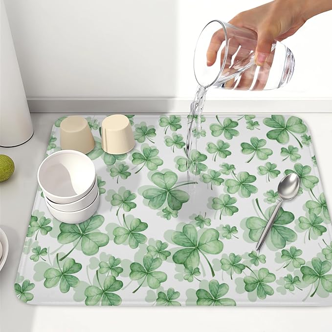 St Patrick's Day Dish Drying Mat for Kitchen Counter,Green Lucky Charm Shamrocks Drying Mat 16 x 18 Inch with High Absorbent Microfiber Drainer Mat for Coffee Bar