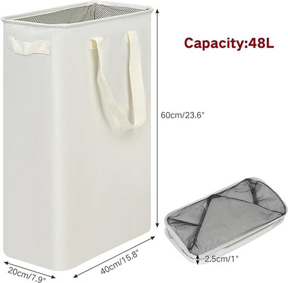 efluky Slim Laundry Basket, Narrow Laundry Hamper with Handles, Collapsible Dirty Clothes Hamper, Tall Laundry Bin for Laundry Room, Dorm and Bedroom, 12.7 Gallons(48L) Beige (Pack of 2)