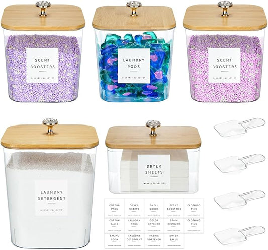 POLRAI 5 Pack Laundry Pod Containers and Dryer Sheet Holder for Laundry Room Organization Clear Jars with Lids and Labels for Laundry Detergent Laundry Pods Dry Sheet Organizing