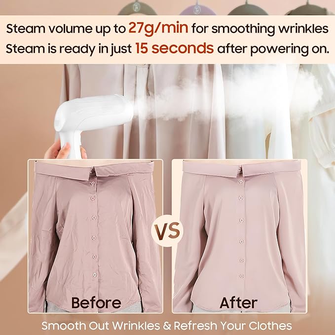 Handheld Travel Steamer for Clothes - 1350W Portable Clothes Steamer Hand Held, 15-Second Heat Up, Remove Wrinkles with Heat-Resistant Steam, Make Clothes Soft & Smooth