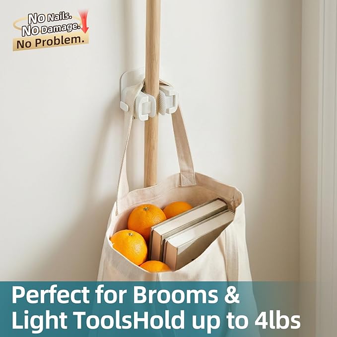 TAILI Mop and Broom Holder Wall Mount Grippers, 3 Hangers and 8 Adhesive Strips, Damage Free Hanging Wall Mount, Household Cleaning Organizer for Organization and Storage, Holds up to 4 lbs, White
