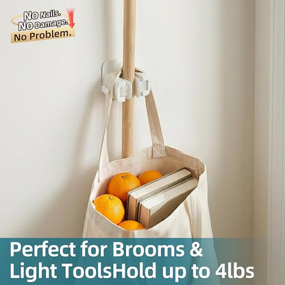 TAILI Mop and Broom Holder Wall Mount Grippers, 3 Hangers and 8 Adhesive Strips, Damage Free Hanging Wall Mount, Household Cleaning Organizer for Organization and Storage, Holds up to 4 lbs, White