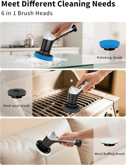 Electric Spin Scrubber, Cordless Household Cleaning Brush with 6 Replaceable Heads, 3 Speeds, LED Display, Lightweight Handheld Power Scrubber for Cleaning Stove/Bowl/Sink/Corner/Tile/Grout-Black