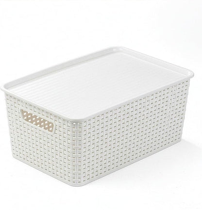 BINO | Plastic Storage Baskets with Lids, 15.5 Liter - 3 Pack, White | THE WOVEN COLLECTION | Storage Basket for Shelves Woven Storage Baskets for Organizing Bins Pantry Shelf Organizer Container Bin