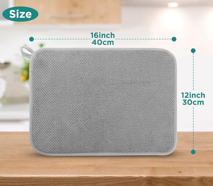 GeeRic Microfiber Dish Drying Mat, Super Absorbent Kitchen Dish Drying Pad for Mother's Day, Reversible Gift Mats for Countertop, 12 * 16 inch Gray