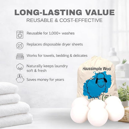 Wool Dryer Balls 6-Pack 100% Natural New Zealand Wool, Handmade in Nepal Reusable Laundry Balls, Faster Drying, Softer Clothes, Anti-Static, Dryer Sheets Alternative (Plain White)