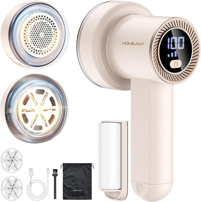 Fabric Shaver Fuzz Remover Rechargeable, HOMEASY Electric Lint Remover Shaver with 3 Blades & LED Digital Display, Sweater Couch Fabric Pill Shaver for Sweater, Couch, Furniture