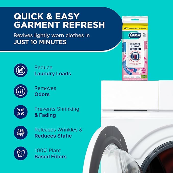 Carbona Laundry Refresh Dryer Sheets 15ct | Odor Eliminator, Wrinkle Releaser, Fabric Softener | Heat-Activated, Static Reducer, Prevents Shrinking & Fading | Quick Clothes Refresh