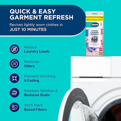 Carbona Laundry Refresh Dryer Sheets 15ct | Odor Eliminator, Wrinkle Releaser, Fabric Softener | Heat-Activated, Static Reducer, Prevents Shrinking & Fading | Quick Clothes Refresh