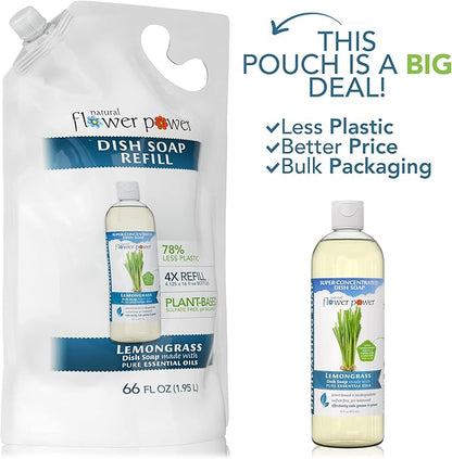 Natural Flower Power Liquid Dish Soap Refill – 66 Fl Oz Refills 4X – Plant-Based & Scented w/Pure Essential Oils – Natural Dishwashing Detergent – Sulfate-Free Kitchen Soap (Lemongrass)