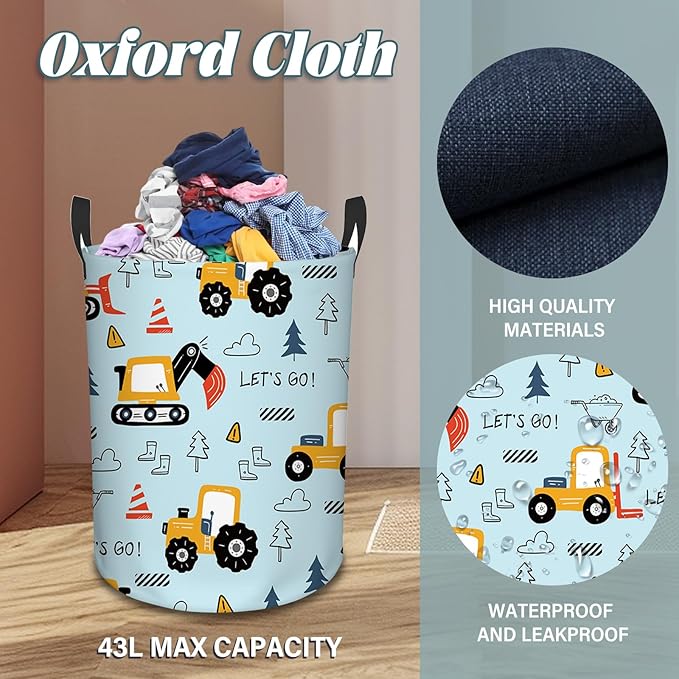 Car Laundry Basket for Boys, Construction Trucks, Construction Transports Theme Bucket, Collapsible Storage Bin with Handles for Toy, Gift for Chritsmas Thanksgiving 13.8x17.7in