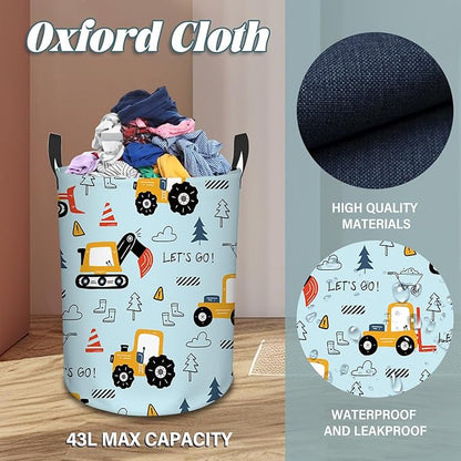 Car Laundry Basket for Boys, Construction Trucks, Construction Transports Theme Bucket, Collapsible Storage Bin with Handles for Toy, Gift for Chritsmas Thanksgiving 13.8x17.7in