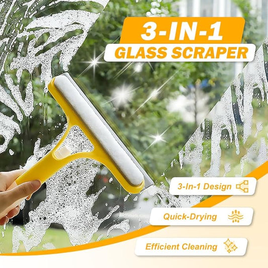 3 in 1 Window Cleaning Scraper, 2025 New Window Squeegee with Spray for Shower Glass All-Purpose Window Cleaner Tool (Yellow+Blue)