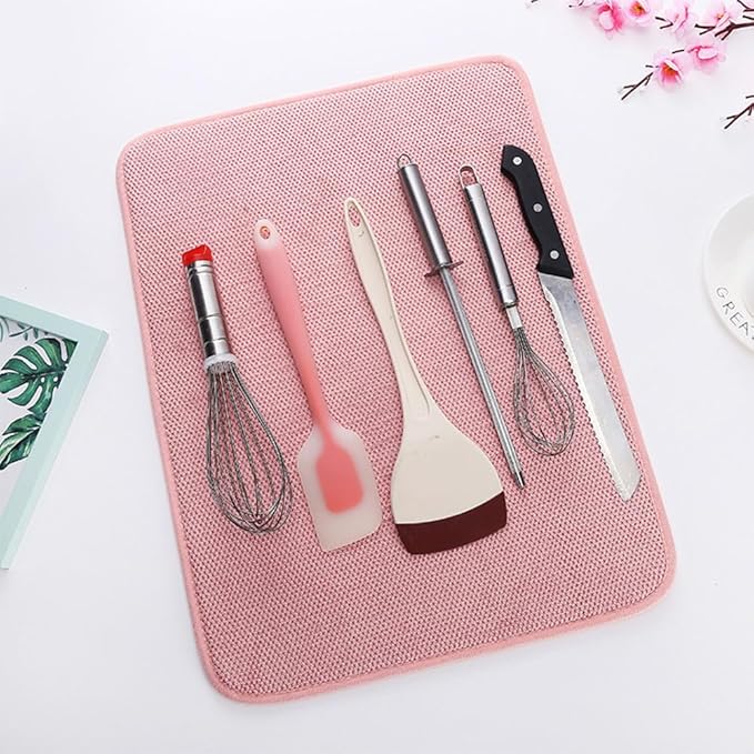 2 Pack Microfiber Dish Drying Mats with Hanging Loop, 20*15 Inch Absorbent Dish Drainer Kitchen Counter, Solid Color Dish Drying Pad for Countertops, Sinks, Draining Racks (Pink)