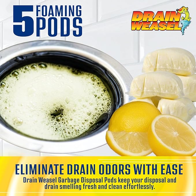 Garbage Disposal Pods Cleaner and Deodorizer, Sink Odor Eliminator with Foaming Action, Septic-Safe Enzyme Formula, Fresh Lemon Scent, Pack of 5