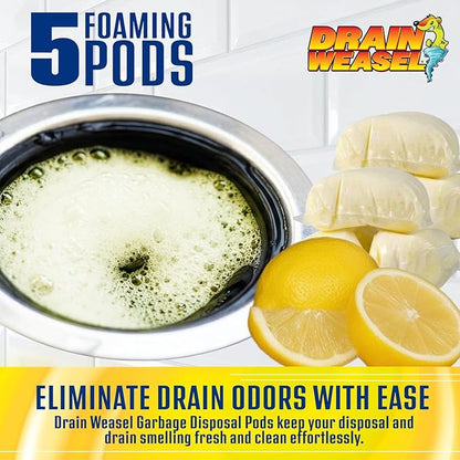 Garbage Disposal Pods Cleaner and Deodorizer, Sink Odor Eliminator with Foaming Action, Septic-Safe Enzyme Formula, Fresh Lemon Scent, Pack of 5