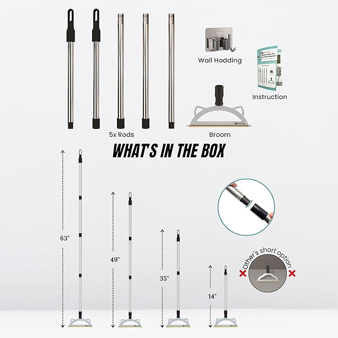 Pet Hair Remover Broom for Low Pile Carpet, Rugs, Stairs – 60" Adjustable Long Handle Carpet Rake for Pet Hair Removal – Includes Wall Clamp – Dog & Cat Hair Removal Tool