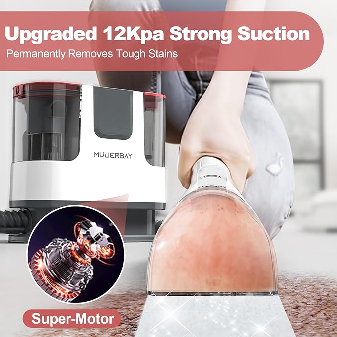 Upholstery Carpet Cleaner, MUJERBAY 12Kpa Portable Spot & Stain Cleaner Shampooer,Easy Move with Universal Wheels & Handle, 1.18-inch Deep Cleaning Machine for Couch, Stairs, Car & Messes.