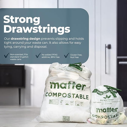 Matter Compostable Variety Pack 3 Gallon and 13 Gallon Kitchen Trash Bags with Drawstring, Unscented, Durable, Leak-Resistant, Eco-Friendly, 70 Count