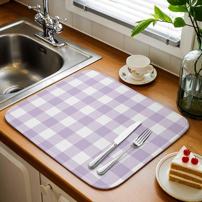 Dish Drying Mat Lavender Buffalo Check Plaid Drying Mats for Kitchen Counter Farmhouse Style Absorbent Microfiber Dish Drainer Quick Drying Coffee Mat with Hanging Loop, 18 x24 inch