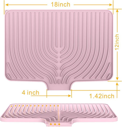 Silicone Drying Mat for Kitchen Counter , Dish Drying Rack Matt with Built in Drain, 18 Inch Dry Mats for Dishes Drying Pad for Kitchen Counter (18×12inch, pink)