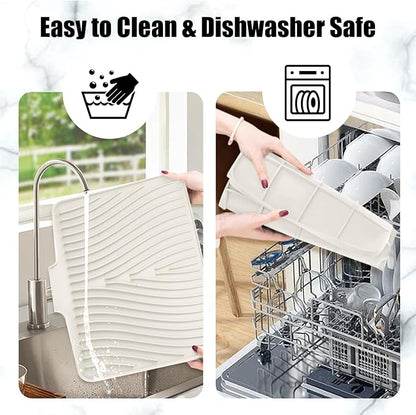 TIKNIK Silicone Dish Drying Mat, Stone Drying Mat for Kitchen Counter with Built-In Drain, Non-Slip Drain Pad with Built-in Drain, Heat Resistant Stone Drying Mat, Hangable, Cream-2pcs, 20" x 15"