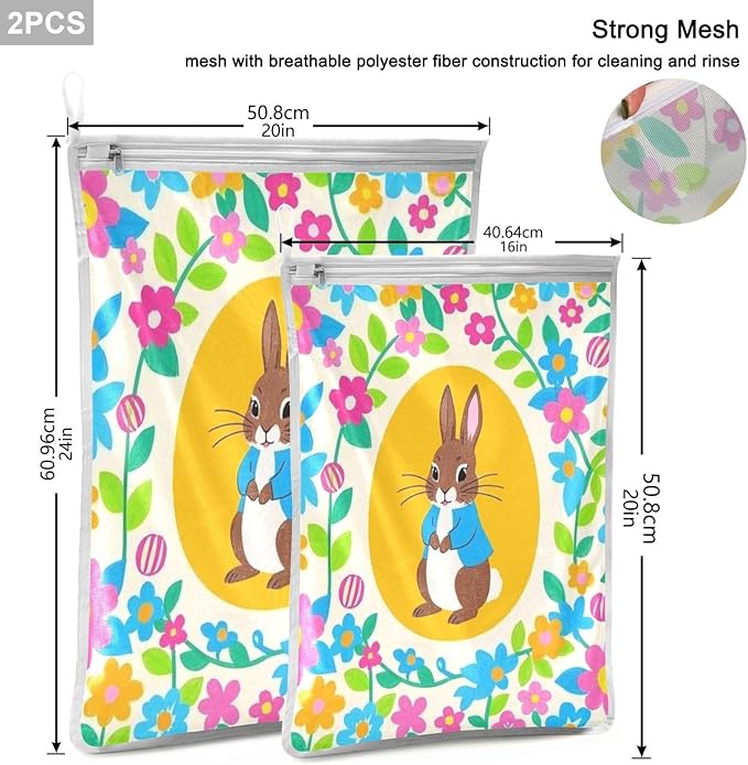 Mesh Laundry Bags Lingerie Bags for Washing Delicates 2 PCS Durable Wash Bag with Zipper Small and Medium Washable Bright Colorful Easter Eggs