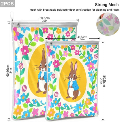 Mesh Laundry Bags Lingerie Bags for Washing Delicates 2 PCS Durable Wash Bag with Zipper Small and Medium Washable Bright Colorful Easter Eggs