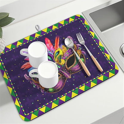 Mardi Gras Dish Drying Mat for Kitchen Counter Masquerade Mask Feather Drying Mats Absorbent Reversible Microfiber Washable Draining Pad Washable Dry Mat 18x24 Inch