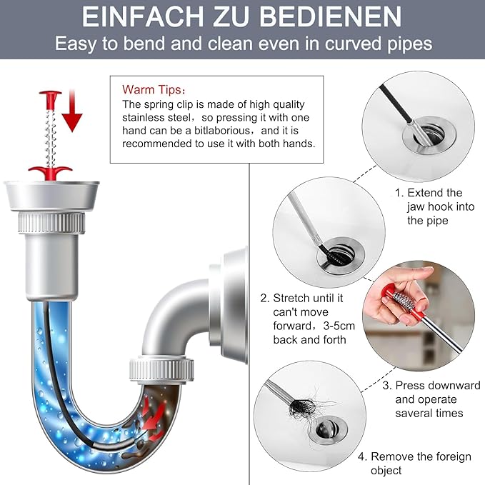 Hair Catcher Drain Auger Cleaner Tool Set - 3 × 53 Inch Sink Snake + 1 × 35 Inch Drain Clog Remover, Set For Toilet, Kitchen Sink, Bathroom Tub, Sewer，4 Pack