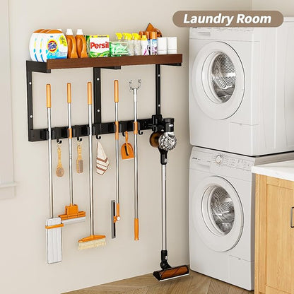 Broom Holder Wall Mount with Cleaning Supplies Organizer, Laundry Room Shelves with Mop Hanger Rack Gripper Hooks and Vacuum Organizer, Broom and Mop Organizer Wall Hanging for Home Garage Kitchen