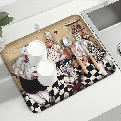 Fat Chef Dish Drying Mat For Kitchen Counter 18x24 Inch Microfiber Absorbent Drying Pad Chef Kitchen Drying Mat Dishes Pad Dish Drainer Rack Mats For Coffee Bar Decor Mats
