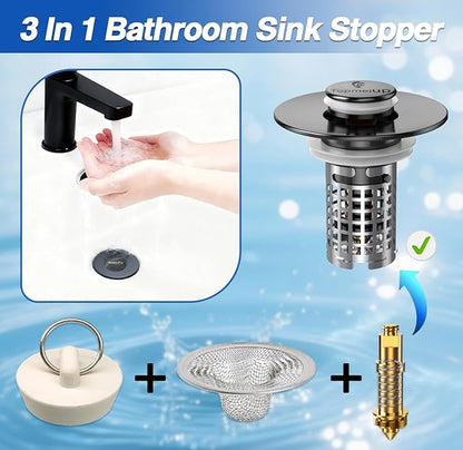 Sink Stopper Hair Catcher, Pop-up Sink Drain Strainer with Removable Stainless Steel Strainer Basket Hair Catcher, Bathroom Sink Strainer for Bathroom Sink Stopper Replacement