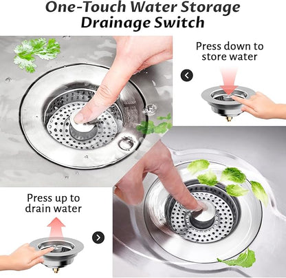 Kitchen Sink Drain Strainer – 304 Stainless Steel 3-in-1 Pop Up Design, Anti-Clogging Sink Strainer Basket for US Standard 3.5" Kitchen Drain, Water Storage & Debris Filter