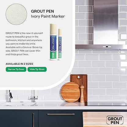 Grout Pen Ivory Tile Paint Marker: Waterproof Grout Paint, Tile Grout Colorant and Sealer Pen - Narrow 5mm, 2 Pack with Extra Tips (7mL) - Ivory