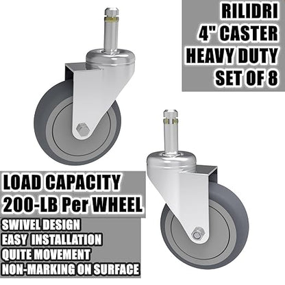 4-Inch Swivel Stem Caster, 7/16-Inch Stem Diameter Rubber Wheel, Heavy Duty TPR Replacement Wheels for Rubbermaid Mop Bucket Cart Grill Casters - 8 Pack