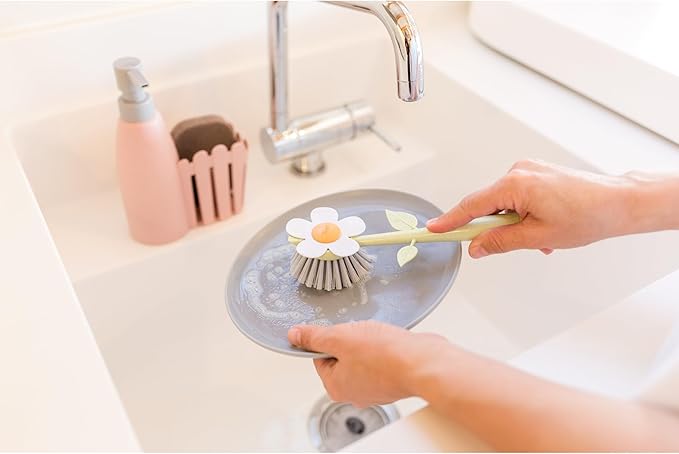 Vigar Florganic Kitchen Soap Dispenser Set, Dish Soap Dispenser with Sponge Caddy and Dish Brush, Daisy-Themed, Perfect Kitchen Sink Caddy, Pink