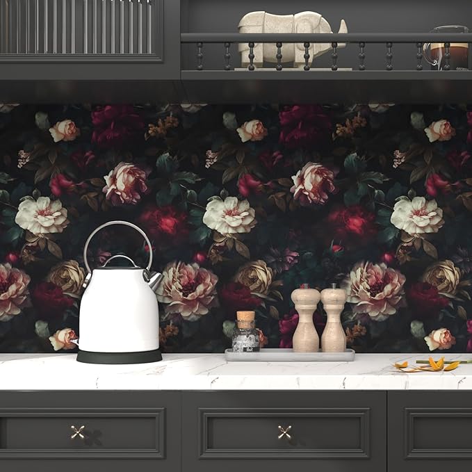 Fvlow Dark Black Floral Wallpaper Peelable 17.4" x 78", Small Roll Vintage Burgundy Flower Craft Contact Paper Waterproof PVC Vinyl Covering for Bedroom Desk Cabinet Abstract Moody Wall Decor Red