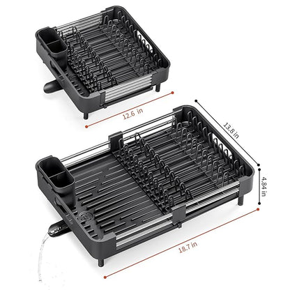 TOOLF Dish Drying Rack, Expandable Dish Rack for Kitchen Counter, Anti-Rust Dish Drainer, Sink Organization and Storage Essentials with Cutlery & Cup Holder, Black
