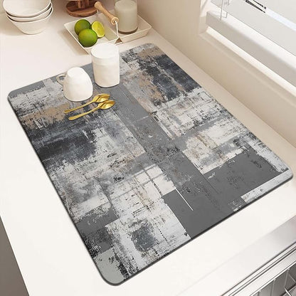 MCALK Dark Grey Dish Drying Mat for Kitchen Counter, Black Dish Drying Pad with Anti-Slip Rubber Base, Absorbent Kitchen Sink Mat with Abstract Art Decor (1 pc 18" x 16")