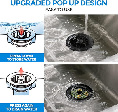 Sink Drain Strainer - Brushed Black Kitchen Sink Stopper, 3 in 1 Stainless Steel Pop-Up Drain Plug with Anti-Clog Basket, Matte Black Cover Fits Standard 3-1/2" Kitchen Sink Drains