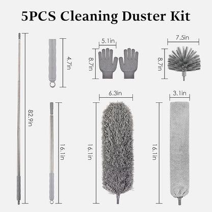 Cobweb Duster with Extension Pole, Washable Cleaning Microfiber Feather Duster 5-in-1 Kit with 3 Duster Heads, 100'' Bendable Extendable Long Duster for High Ceilings, Fans, Blinds, Furniture & Car
