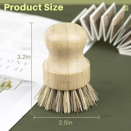 AUEAR, Natural Bamboo Dish Scrub Brush Cleaning Pot Scrubber Brushes Coconut Bristles for Cast Iron Skillet Pots Pans (4 Pack)