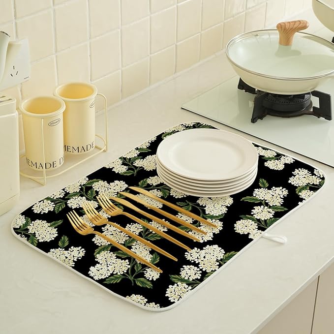 Black Dish Drying Mat 18x24 Inch Green Vintage Floral Hydrangea Flower Drying Mat Spring Summer Seasonal Absorbent Dish Drying Pad Dish Rack Drainer Mats for Kitchen Dining Counter