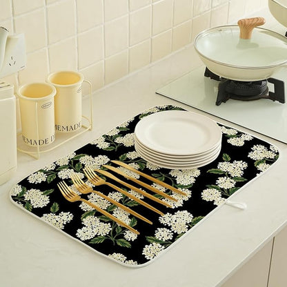 Black Dish Drying Mat 18x24 Inch Green Vintage Floral Hydrangea Flower Drying Mat Spring Summer Seasonal Absorbent Dish Drying Pad Dish Rack Drainer Mats for Kitchen Dining Counter