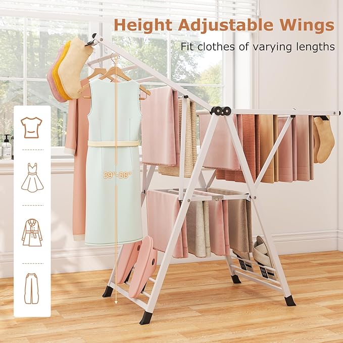 Giantex Clothes Drying Rack, Foldable Metal Laundry Drying Rack with Height Adjustable Wings, 16 Drying Rails, Sock Clips & Shoe Racks, Freestanding Clothing Stand for Indoor & Outdoor, White