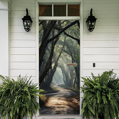 REDAMANCY Sunshine Green Forest Tree Pathway Peel and Stick Door Stickers Vinyl 3D Door Mural Decals Decor Wallpaper Self-Adhesive, Waterproof, Removable