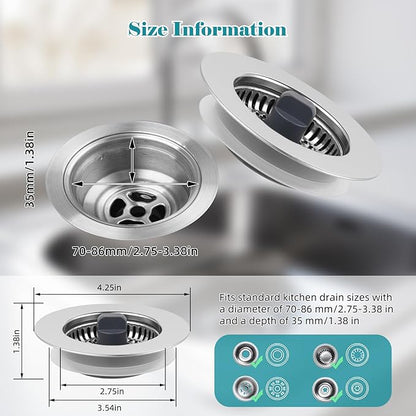 Universal Stainless Steel Kitchen Sink Drain Strainer Stopper, 3-in-1 Sink Stopper Strainer for Standard 3-1/2 Inch Kitchen Sink, Chrome-plated Shell with 304 Stainless Steel Mesh Strainer Basket