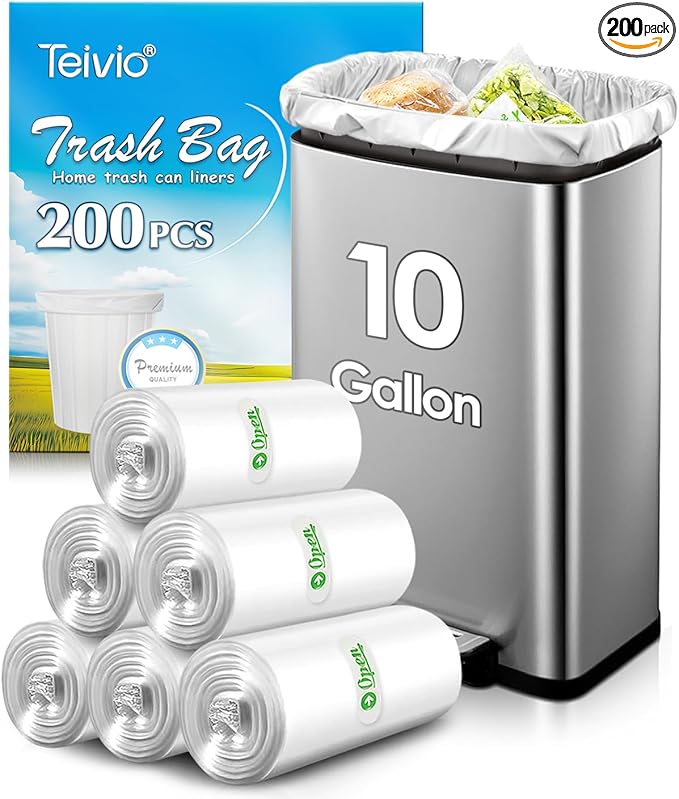 10 Gallon 200 Counts Extra Strong Trash Bags Tall Kitchen Garbage Bags by Teivio, 9 Gallon 10 Gallon 11 Gallon,Bathroom Trash Can Bin Liners, Intended for Home,Plastic Bags for office kitchen, Clear